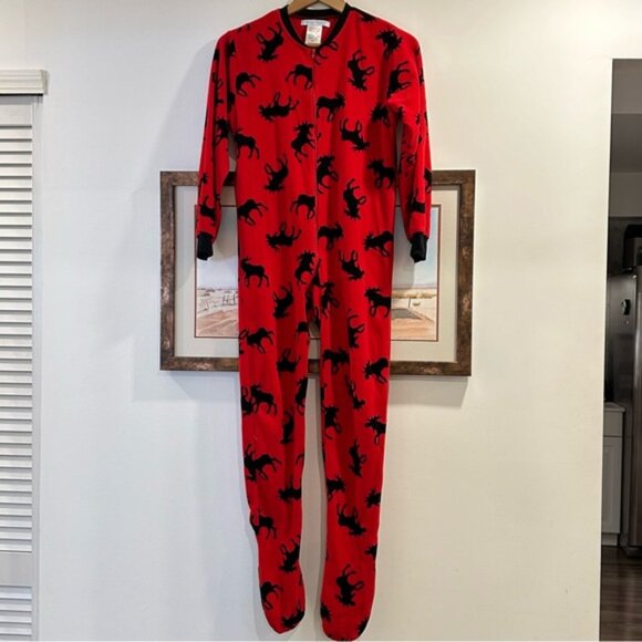 Sleepytime PJs Kids Fleece Red Moose Onesie Footed Pajamas Red - Picture 2 of 5